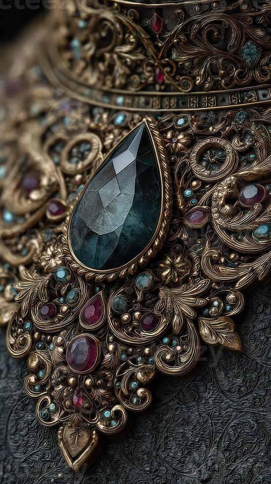 Intricate craftsmanship showcases a jewel-adorned ornament with detailed metalwork and vibrant gemstones in a close-up focus photo