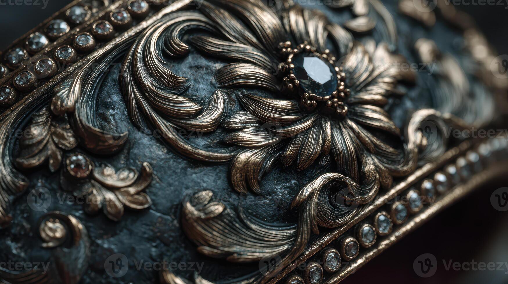 Intricately designed vintage jewelry bracelet with floral patterns and gems on a dark background photo