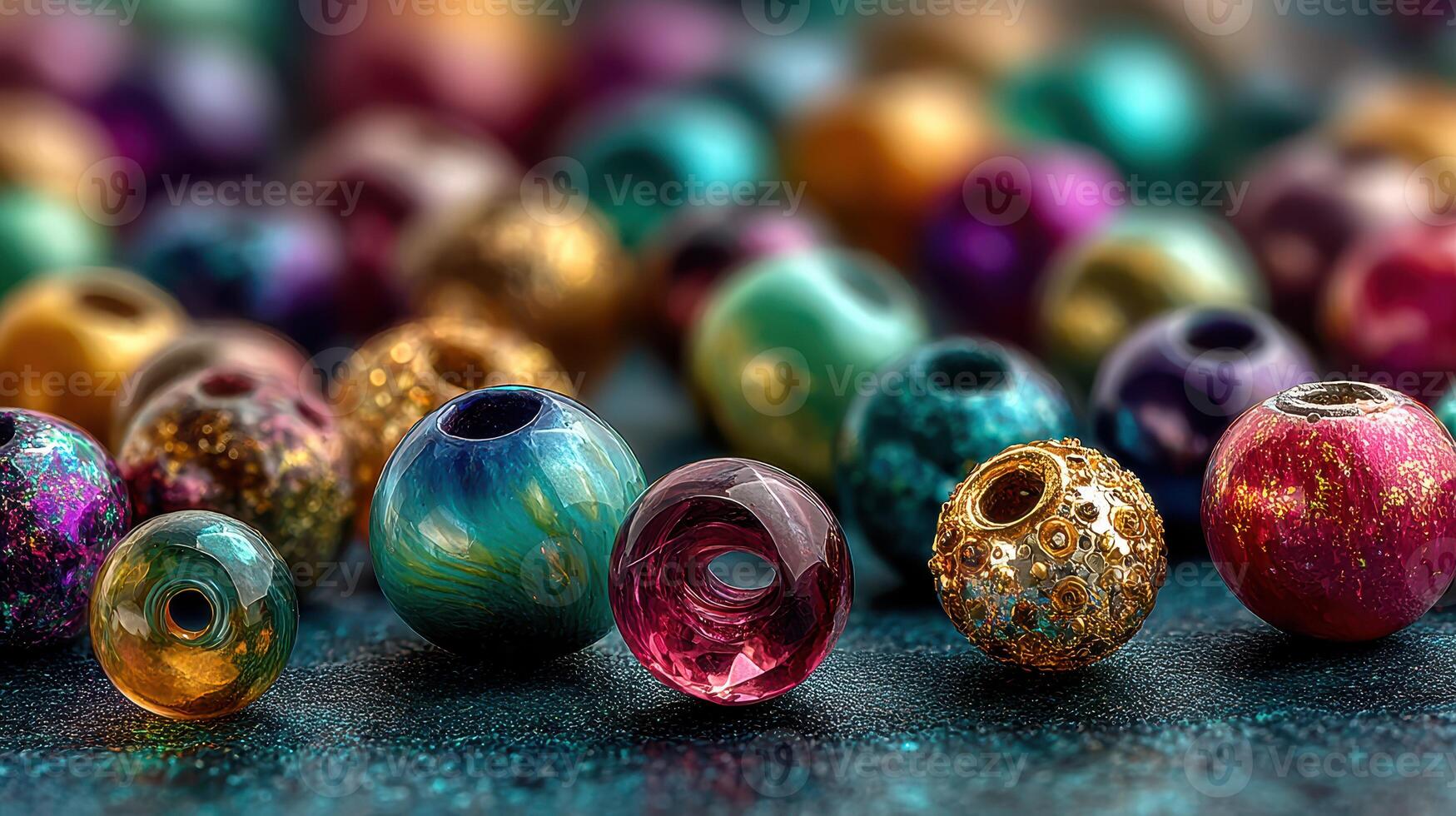 Colorful variety of decorative beads arranged on a textured surface for crafting and jewelry making photo