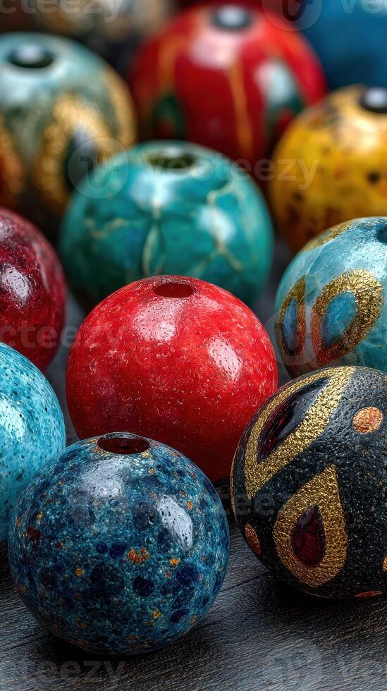 Colorful decorative beads arranged on a dark surface showcasing intricate designs and vibrant hues in a craft setting photo