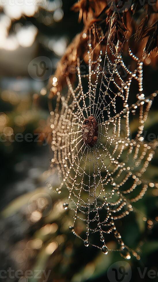 Intricate spider web adorned with dew drops in a serene garden at dawn photo