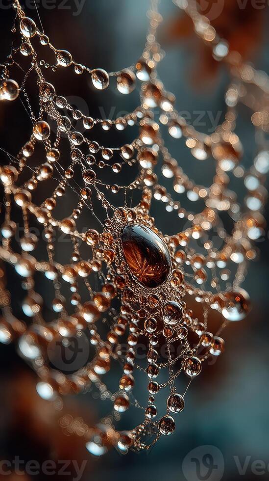 Intricate spider web adorned with glistening droplets captured during early morning light in a serene outdoor setting photo
