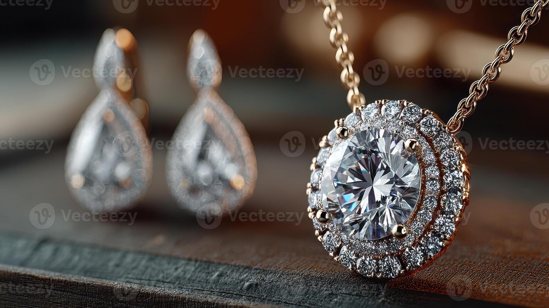 Elegant diamond necklace with matching earrings displayed on a wooden surface for a luxurious jewelry showcase photo