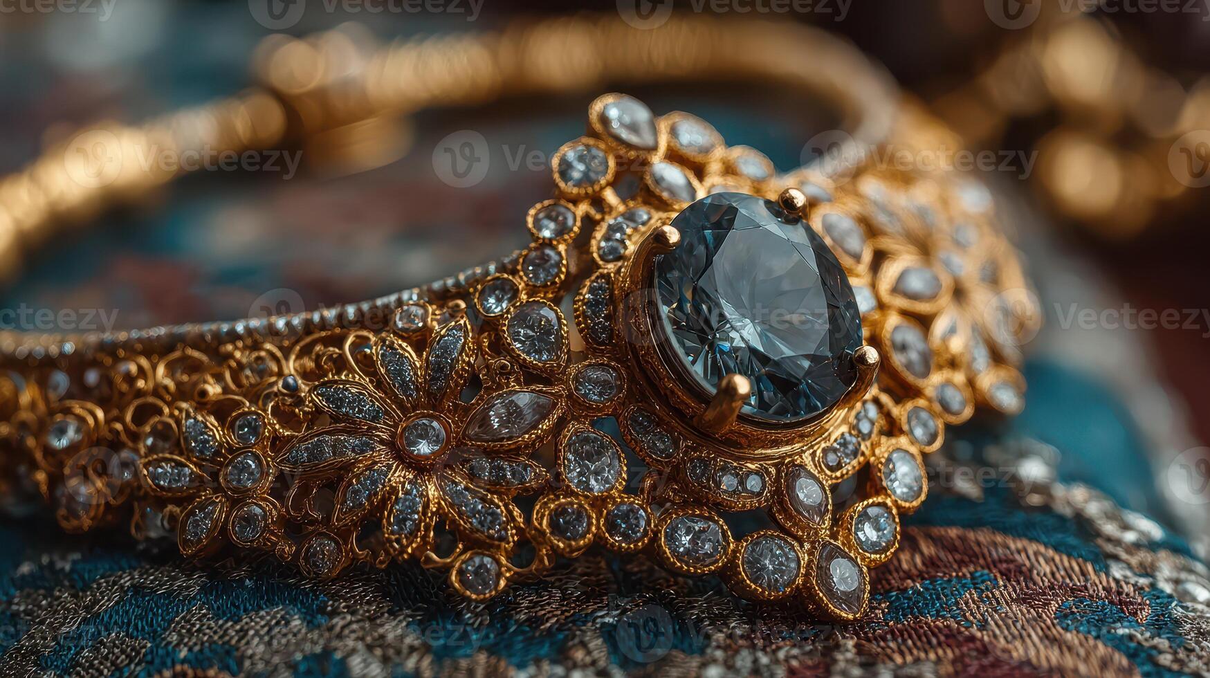 Intricate golden bracelet with gemstones displayed on ornate fabric in a soft light photo