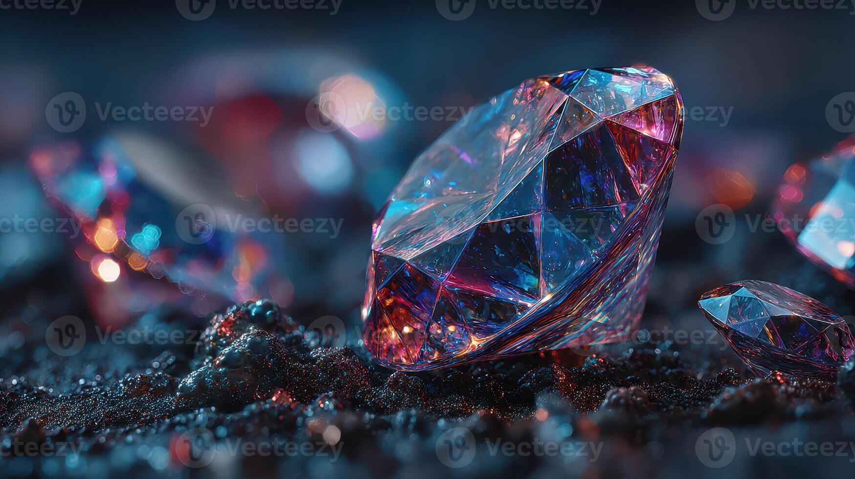 Brilliant crystals sparkle in soft light, showcasing intricate facets and deep colors on a dark, textured surface photo