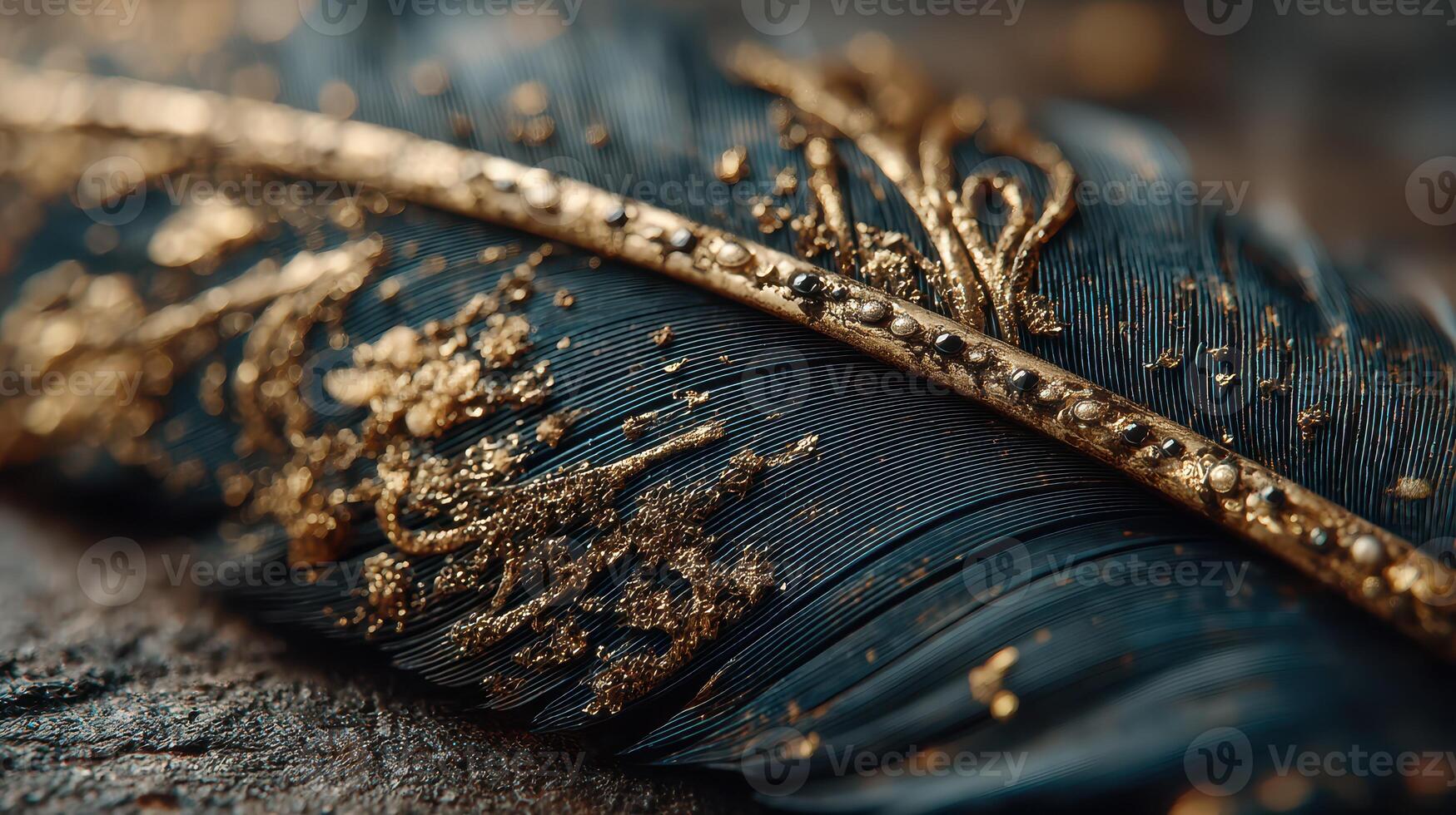 Decorative feather with intricate gold detailing resting on textured surface photo
