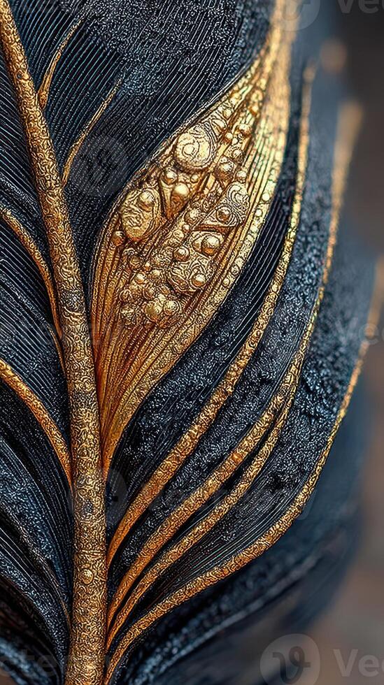 Detailed close-up of an intricate golden and black design showcasing artistic craftsmanship and texture photo