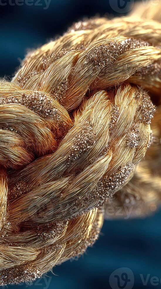 Detail of intertwined golden rope demonstrating craftsmanship and texture against a blurred blue background photo