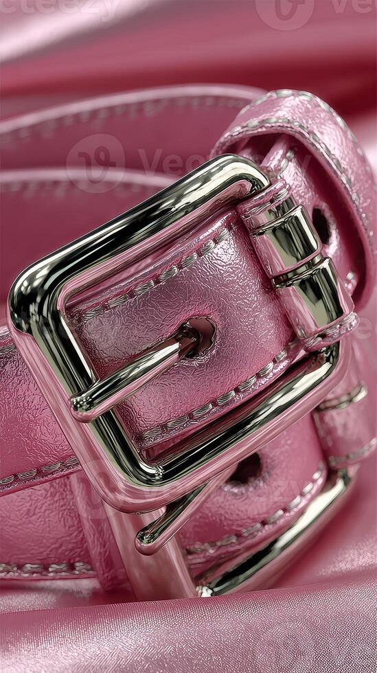Stylish pink belt with shiny buckle resting on textured fabric in soft light photo