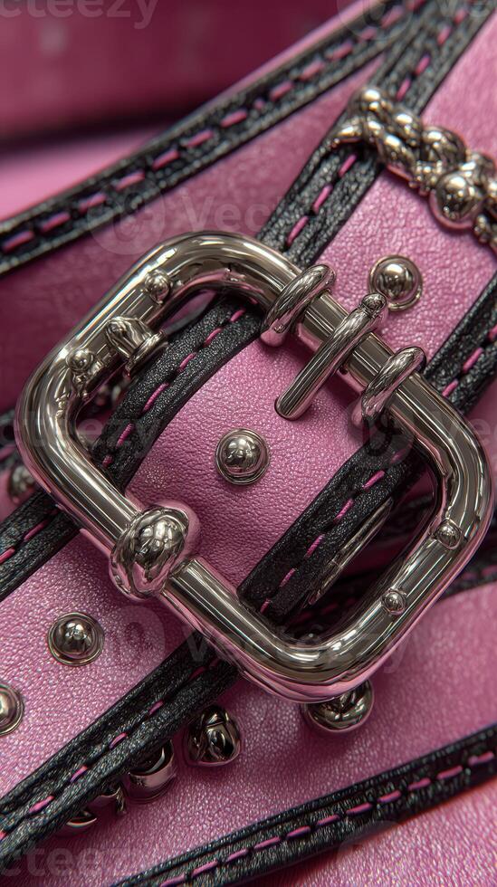 Close-up view of pink leather straps with silver buckle details showcasing craftsmanship and design elements photo