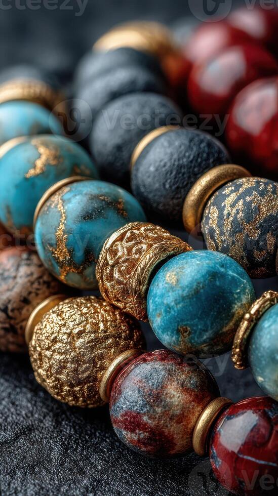 Colorful handmade beads showcasing intricate designs and textures at a craft market in the afternoon light photo