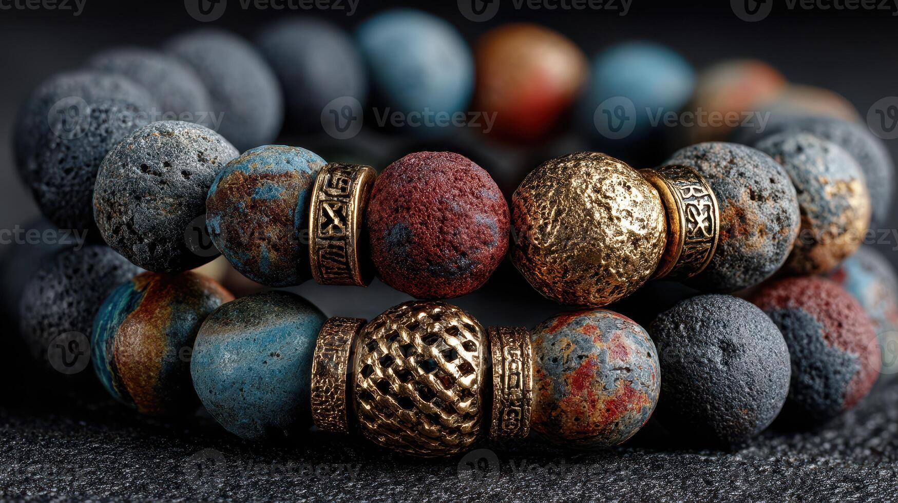 Colorful beaded bracelets with textured stones and metal accents showcased on a dark surface photo