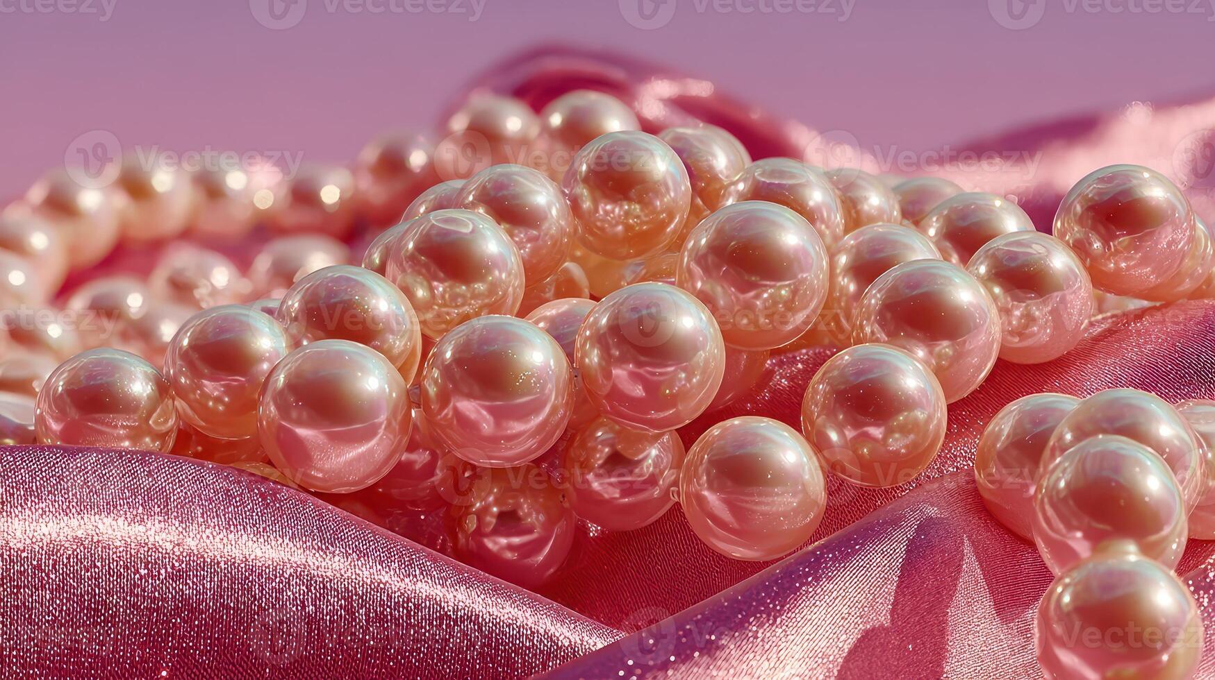 Delicate pink pearls scattered artistically on luxurious satin fabric photo