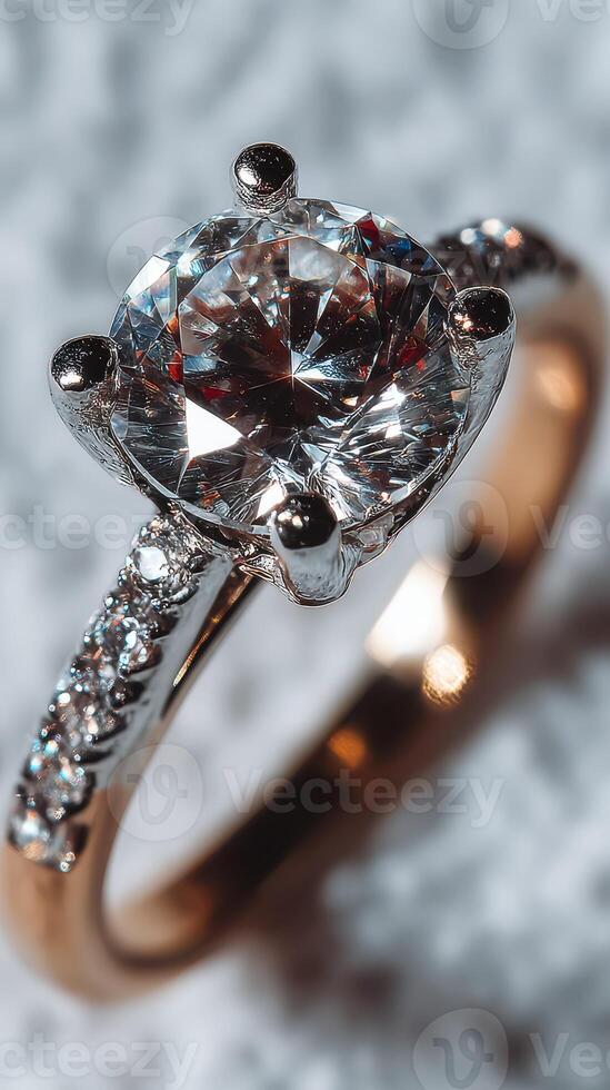 Elegant diamond engagement ring with intricate setting and shimmering band displayed on textured surface photo
