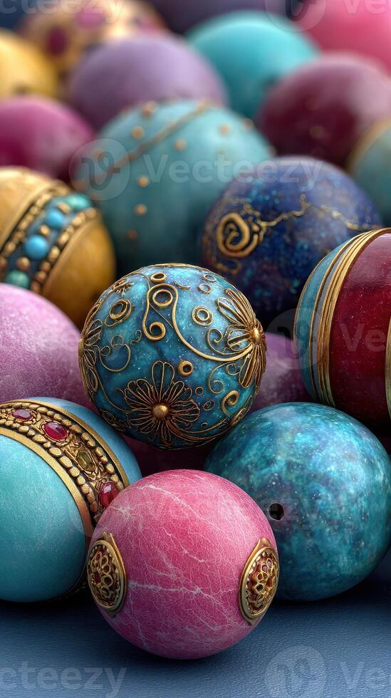 Colorful decorative beads with intricate designs arranged on a textured surface display unique craftsmanship and artistic detail photo