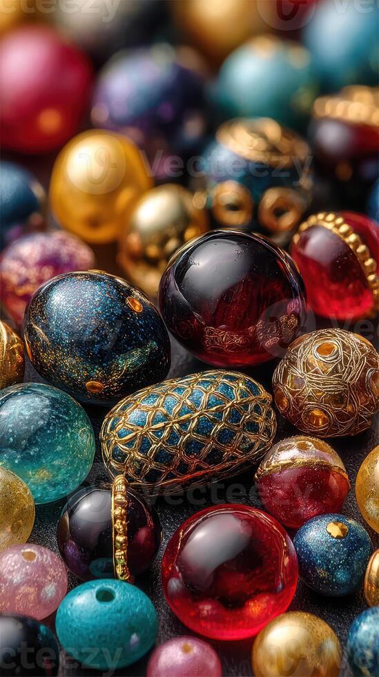 Colorful collection of unique beads displayed together, showcasing intricate designs and vibrant hues in various shapes photo