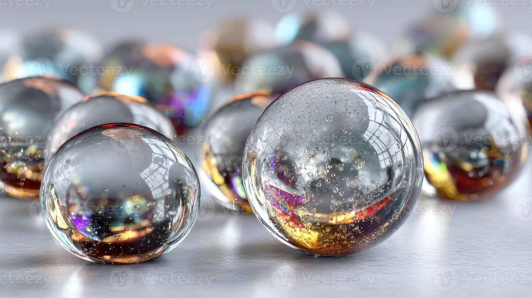 Clear glass orbs reflecting light create a stunning visual display on a smooth surface in a well-lit environment photo