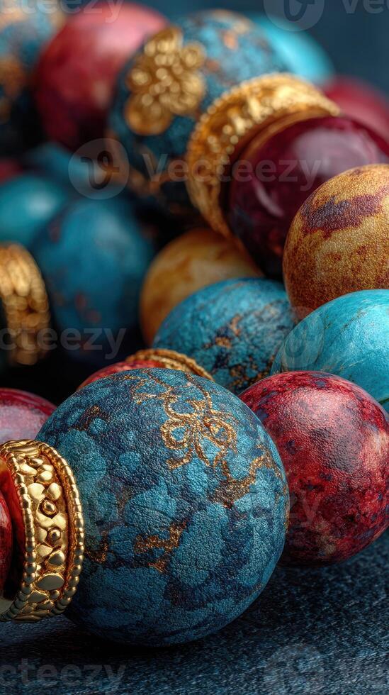 Colorful decorative beads in intricate designs displayed on a textured surface at a craft fair photo
