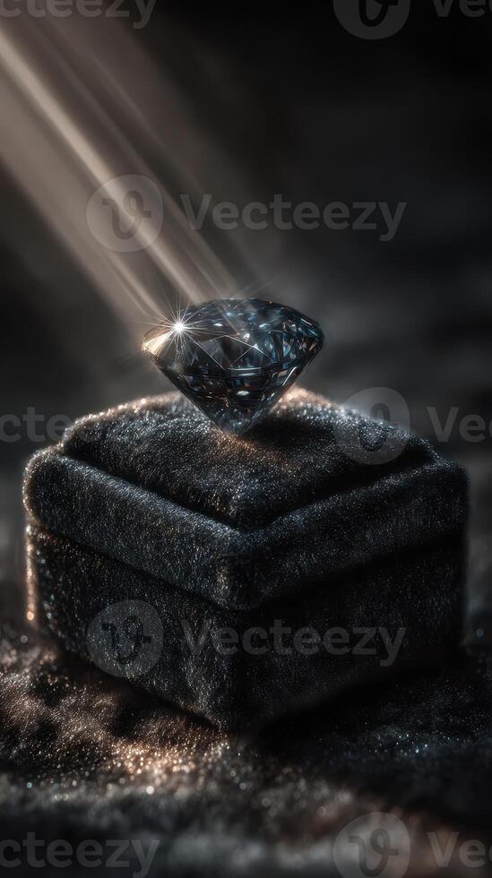 Shining black diamond resting on a luxurious velvet display box illuminated by soft light rays photo