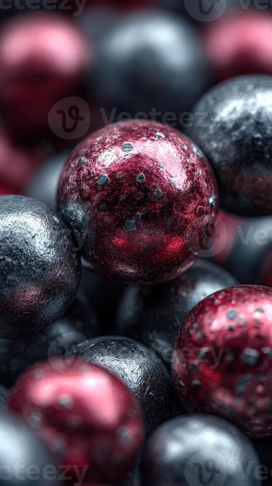 Colorful spheres in shades of red and black create an abstract, textured display emphasizing depth and contrast photo