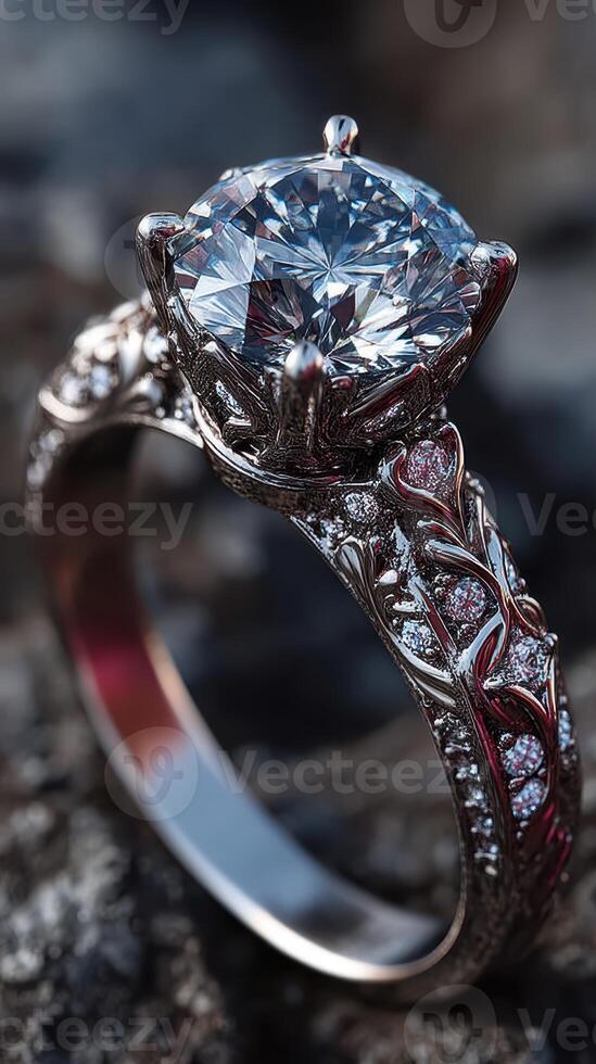 Exquisite diamond engagement ring with intricate design displayed on a textured surface outdoors photo