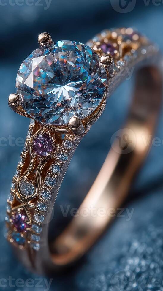 Engagement ring with intricate design and sparkling blue gemstone set against a dark velvet backdrop photo