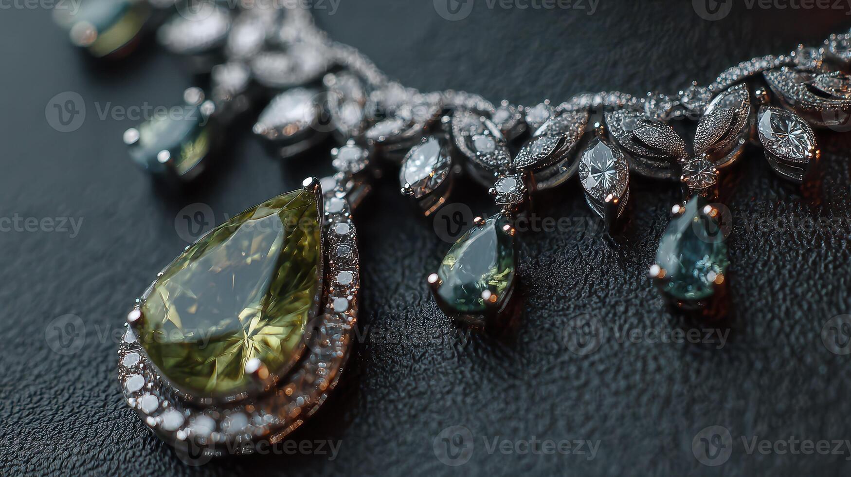 Elegant necklace with green gemstone and intricate silver detailing displayed on black surface photo