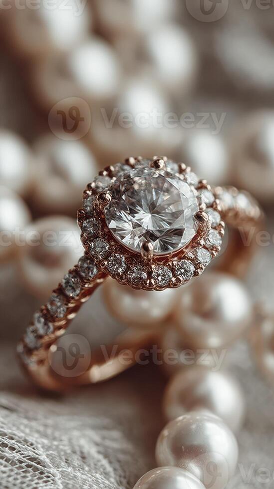 Elegant ring with sparkling diamond surrounded by pearls on delicate lace background photo