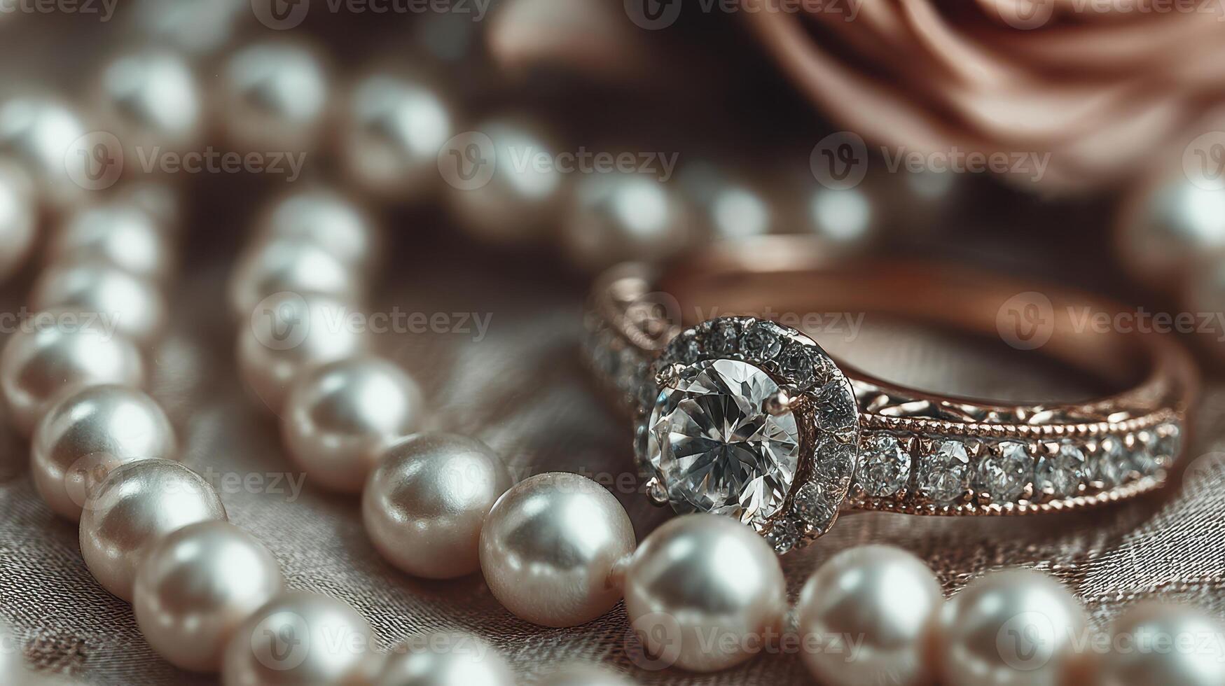 Elegant diamond ring surrounded by lustrous pearls on soft fabric in a warm lighting setup photo