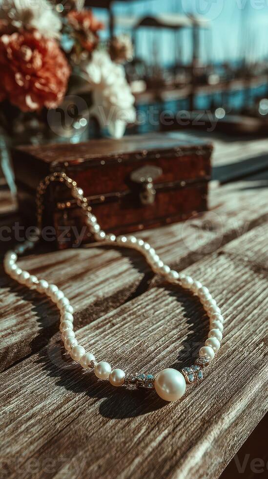 Elegantly crafted pearl necklace displayed on rustic wooden table with a vintage box in a marina setting under bright sunlight photo