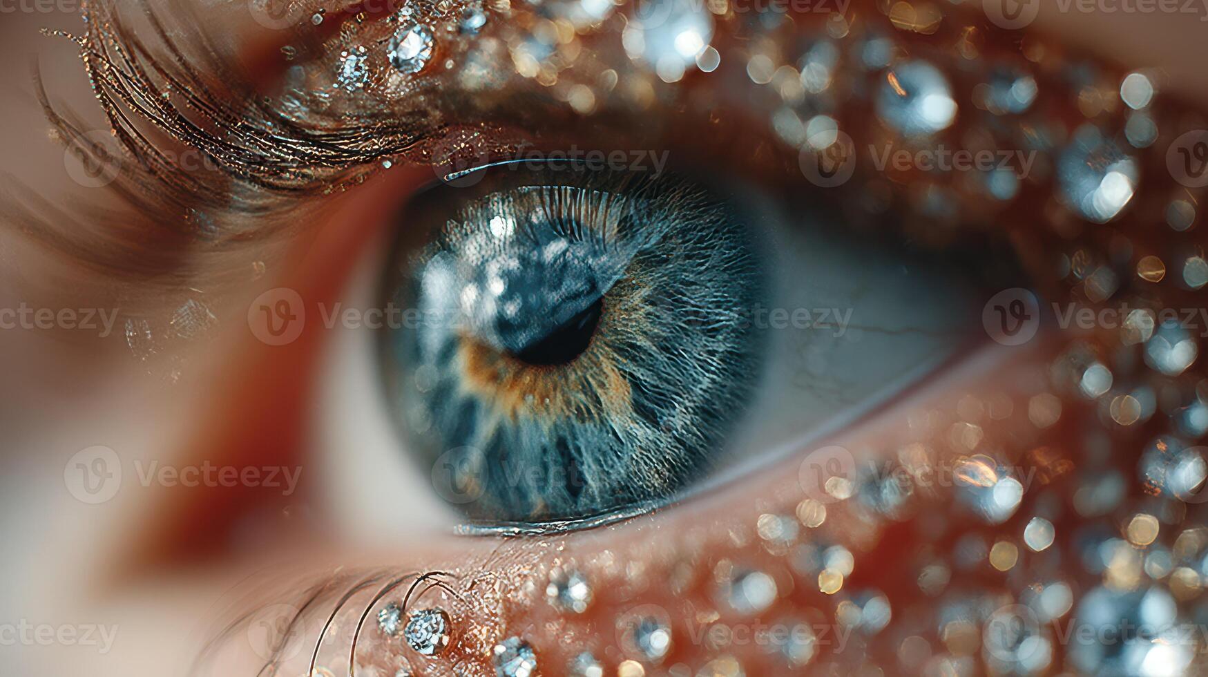 Close-up view of a colorful eye adorned with shimmering glitter at a festive event in bright lighting photo