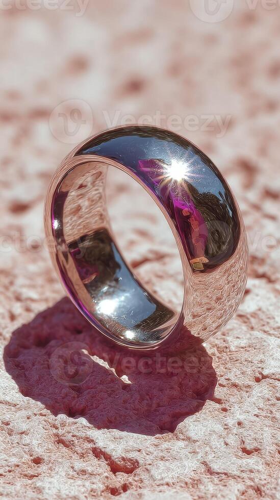 Shiny silver ring resting on textured surface during bright daylight photo