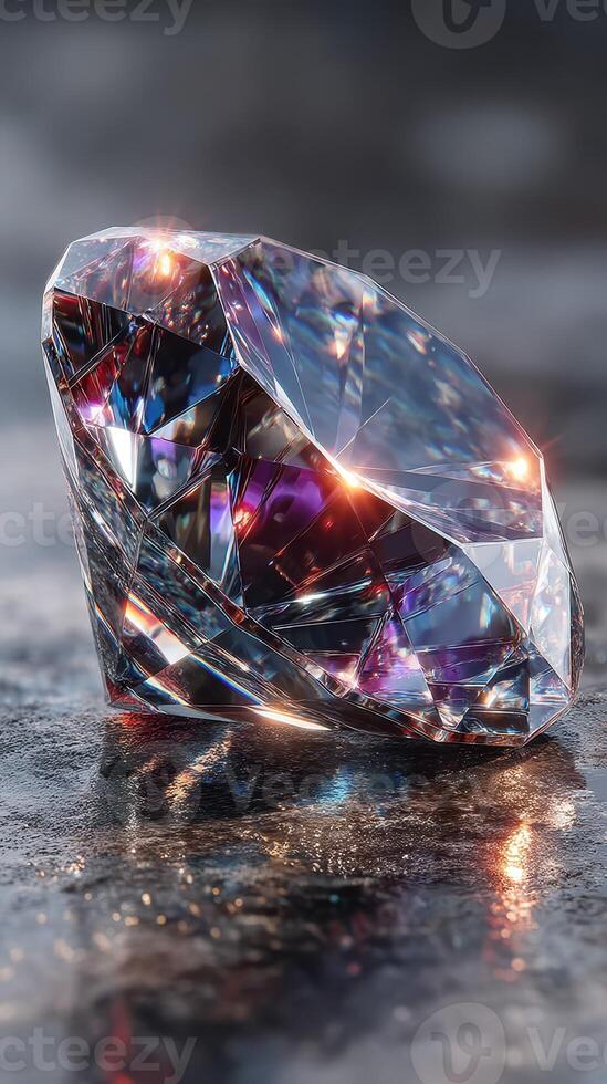 Shimmering cut diamond resting on a surface with reflections in a softly lit setting photo