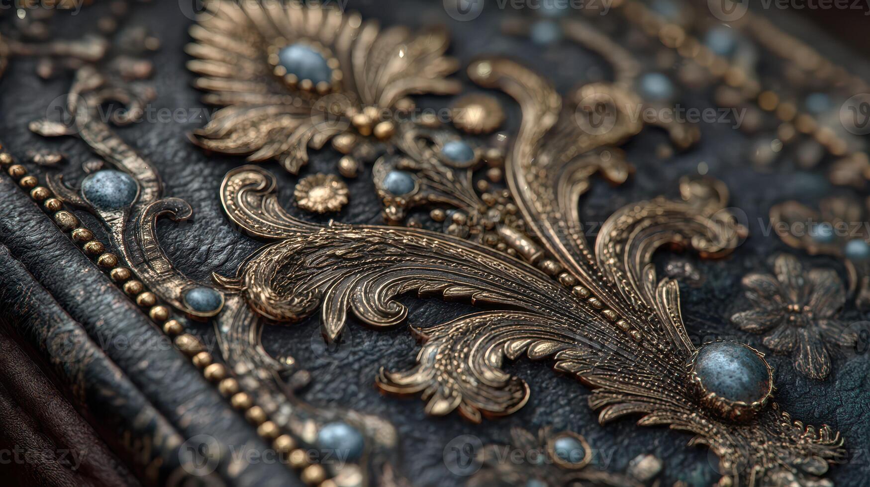 Detailed craftsmanship on a leather-bound book with ornate gold and blue embellishments showcasing intricate designs photo