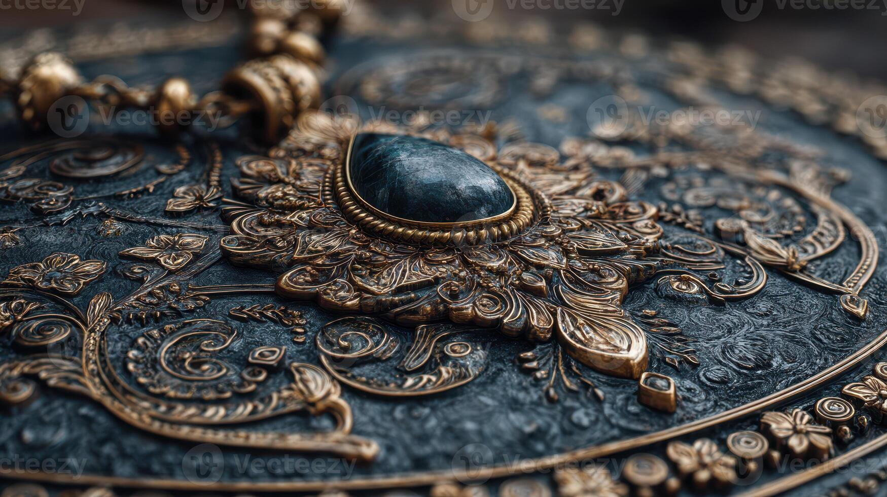 Intricate metallic ornament with a dark stone centerpiece showcasing detailed craftsmanship and artistic skill photo