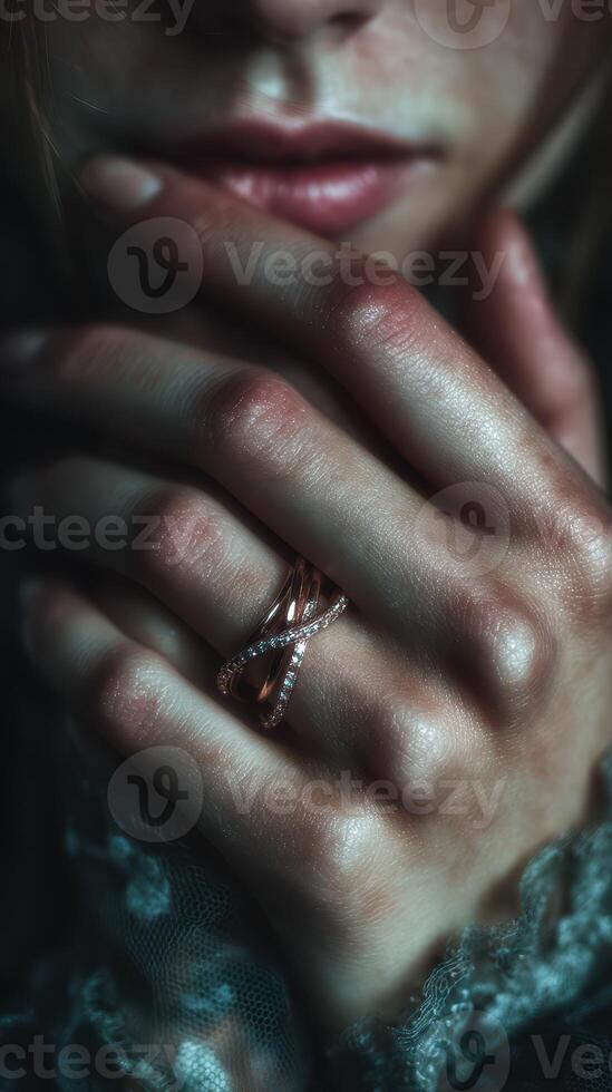 Close-up of a hand adorned with a delicate ring during a serene moment in a softly lit room photo