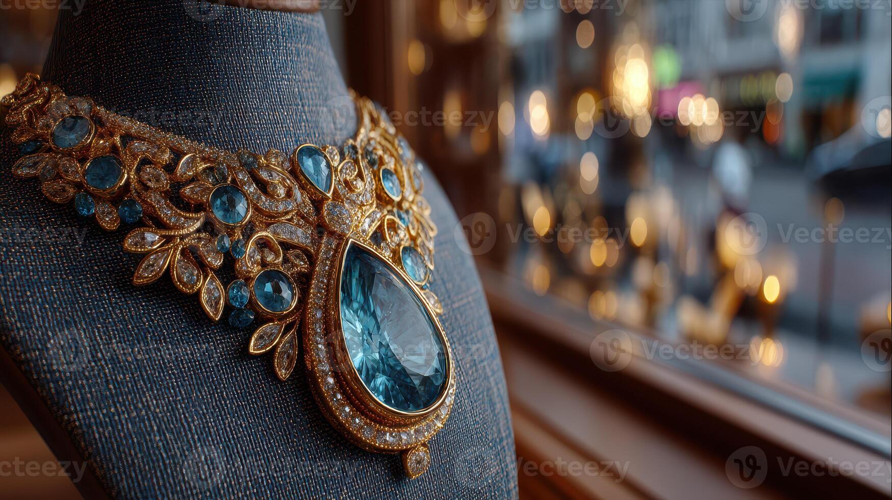 Elegant blue gemstone necklace on display at a luxurious jewelry store during sunset photo