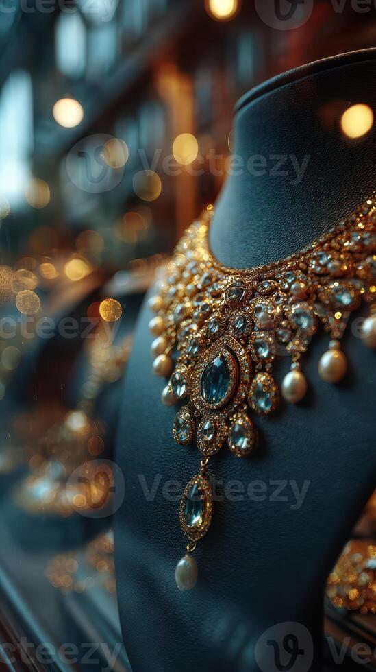 Elegant necklace display in a jewelry store showcasing intricate craftsmanship and shimmering gemstones at twilight photo