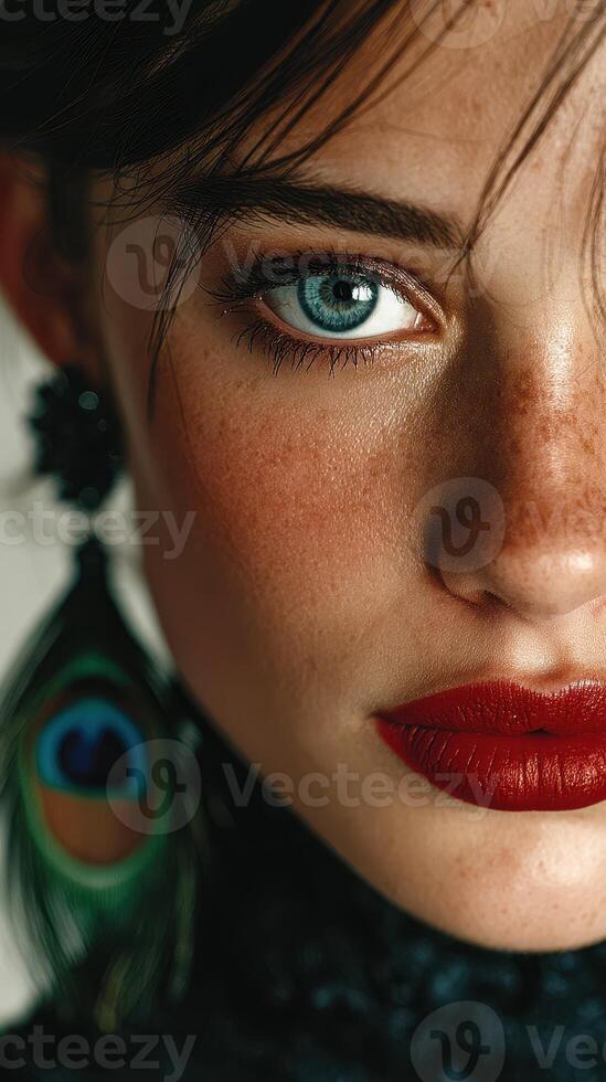 Close-up portrait of a woman showcasing striking features and bold makeup in an artistic setting photo