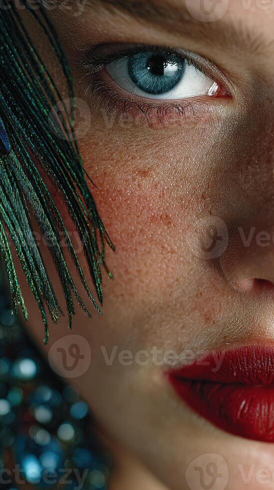 Close-up of a woman showcasing striking makeup and unique accessories in a vibrant fashion setting photo