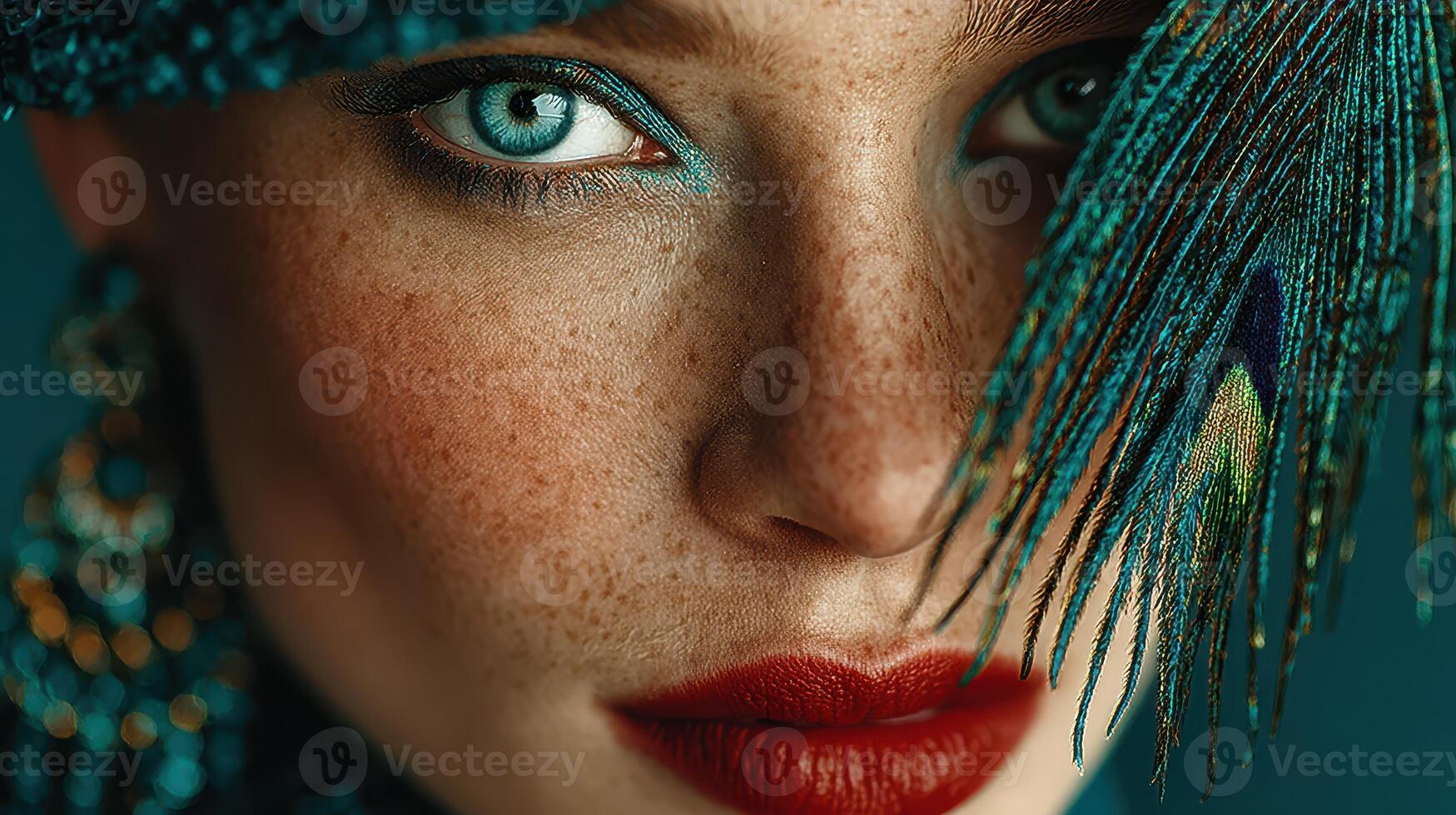 Close-up portrait of a model with striking blue eyes and colorful makeup featuring a dramatic feather accessory photo