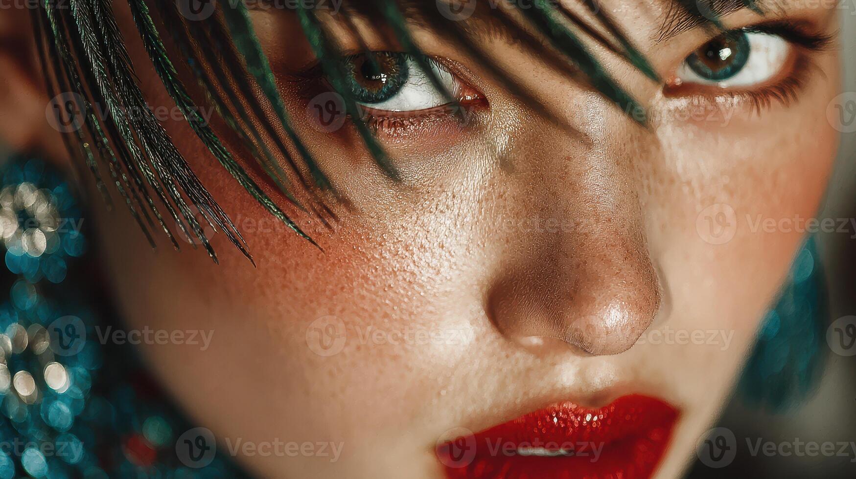 Close-up of a model showcasing bold makeup and striking earrings with rich colors during a fashion event in an urban setting photo