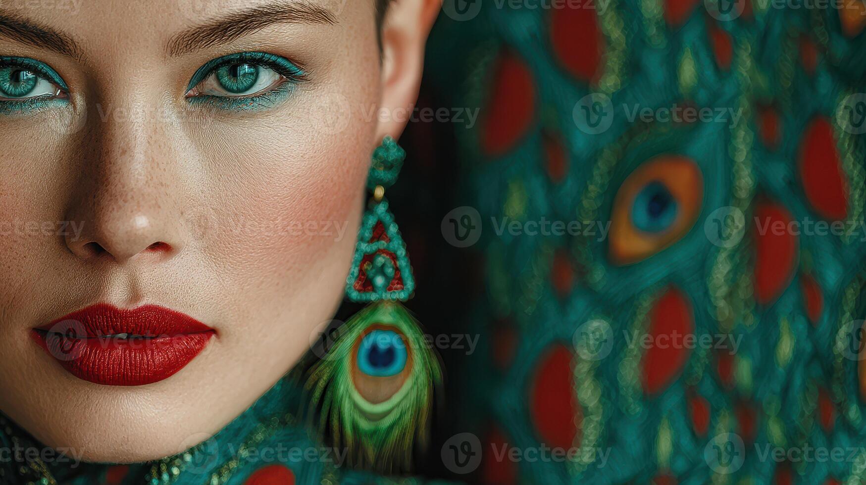 Model showcases vibrant makeup and jewelry against colorful patterned backdrop in a fashion display photo