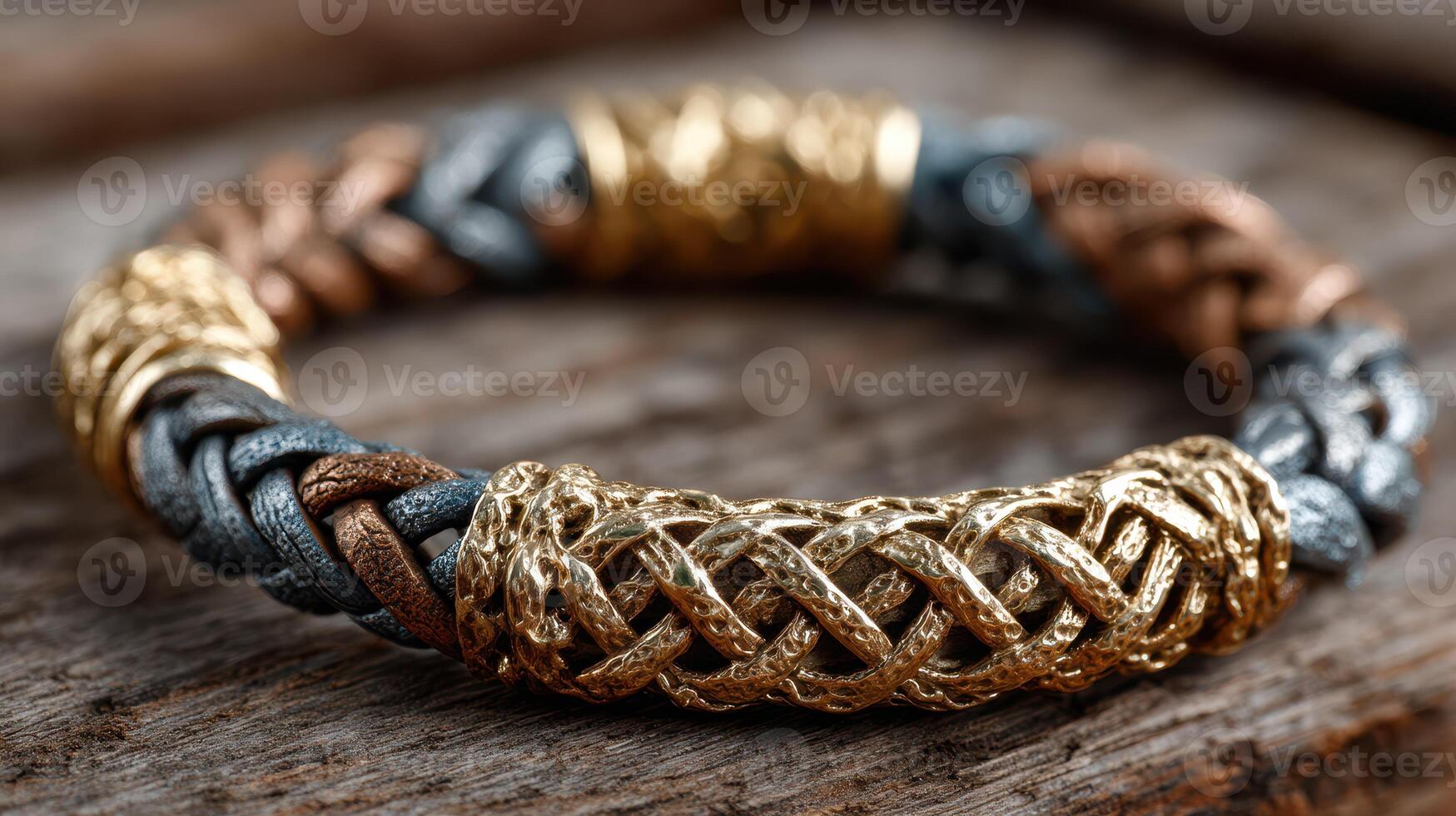 Intricately woven metallic bracelet displayed on rustic wooden surface with warm lighting photo