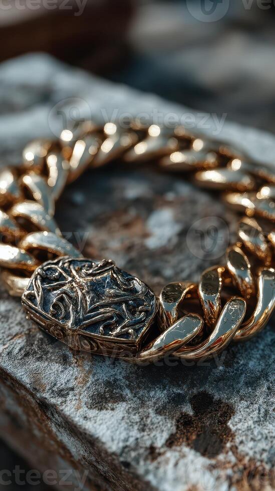Intricately designed gold chain bracelet resting on a textured stone surface showcasing timeless craftsmanship and elegance photo