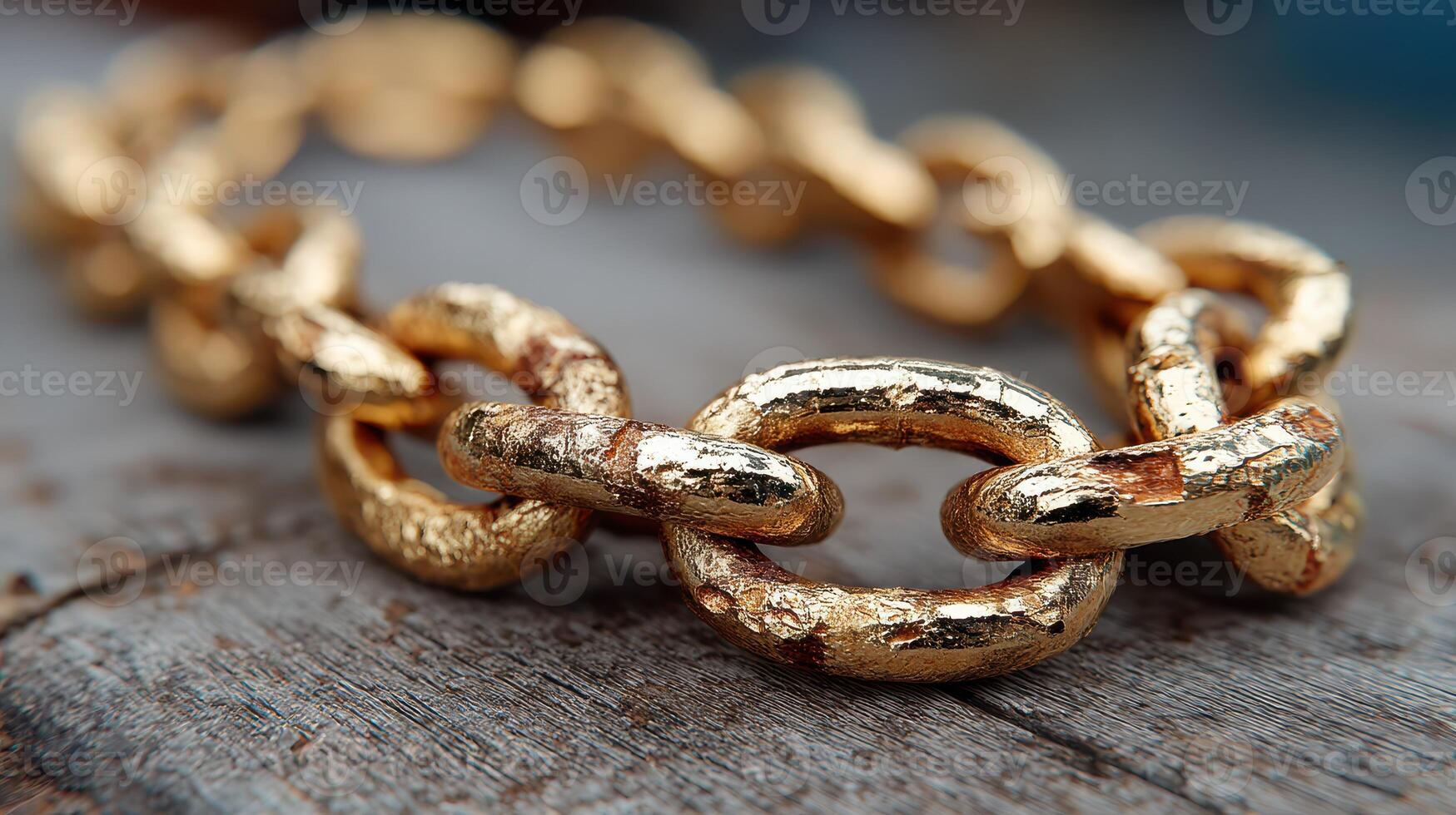 Close-up view of a gold chain link on a rustic wooden surface highlighting texture and shine photo