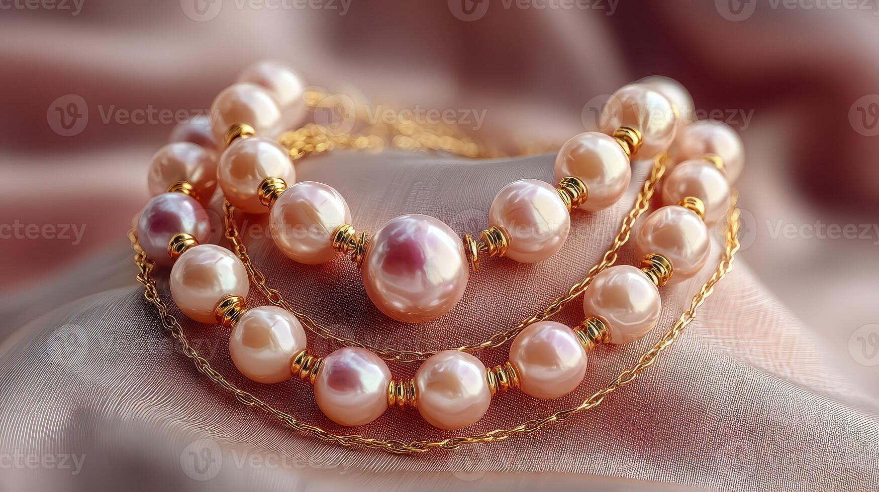Elegant pearl necklace arrangement displayed on soft fabric in warm lighting photo