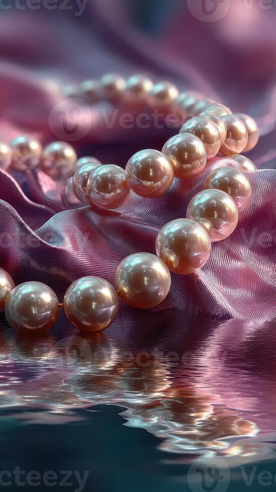 Elegant pink pearls draped over silky fabric reflecting in water photo