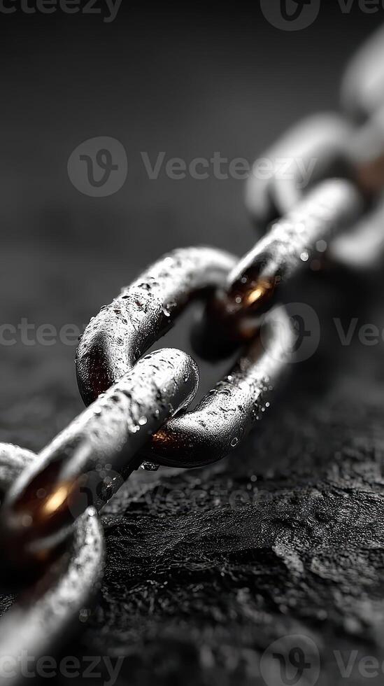 Close-up view of a shiny metallic chain link with water droplets glistening on its surface photo