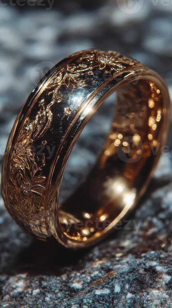 Golden ring with intricate floral engravings displayed on a textured stone surface photo
